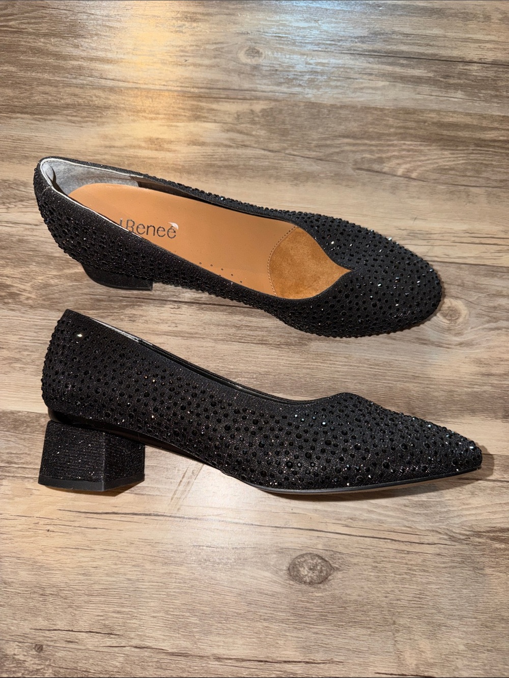 J.Renee Black Rhinestone Low Block Heel Pumps